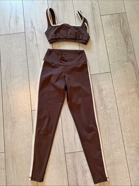 High-Waist Brown Leggings with Cream Side Stripe and matching sports bra